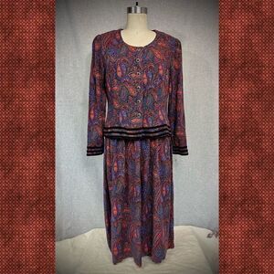 Vintage 1980s Kathie Lee Dress Paisley Dark Academia Purple Blue Sz S/M